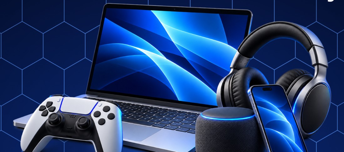 Phone, laptop, game controller, headphones and smart speaker from the supplied Covrd artwork